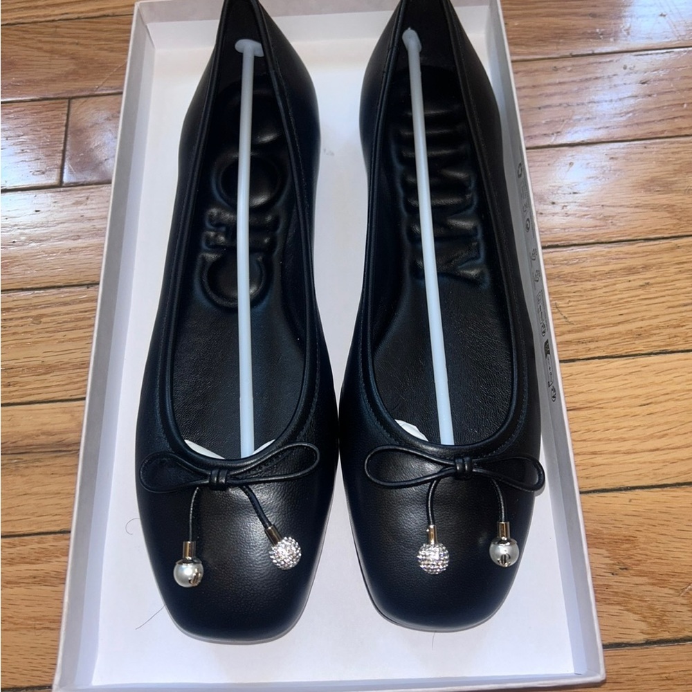 Jimmy Choo Black Leather Ballet Flats with Bow and Jeweled Tassels